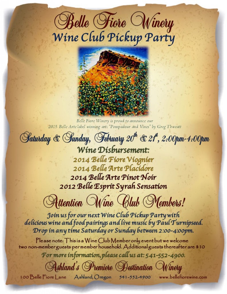 February Wine Club Pickup Party Flier